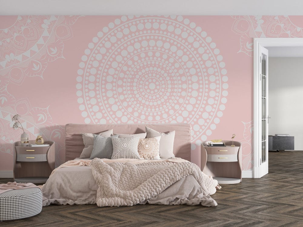 Elegant pink and white mandala wallpaper in modern bedroom with chevron flooring and stylish decor.