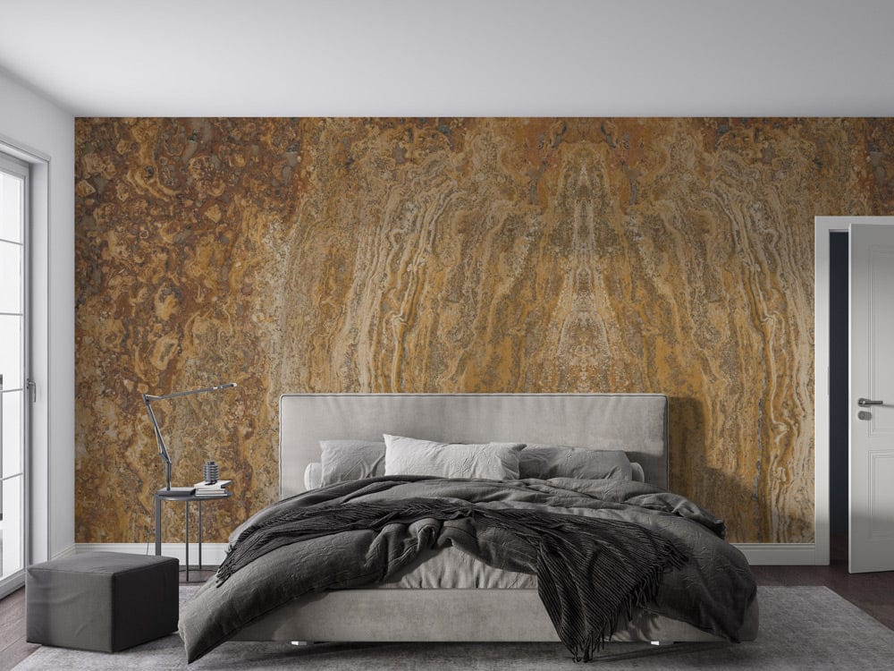 Rustic marble texture mural in bedroom with grey bed, modern lamp, and brown abstract wall design.