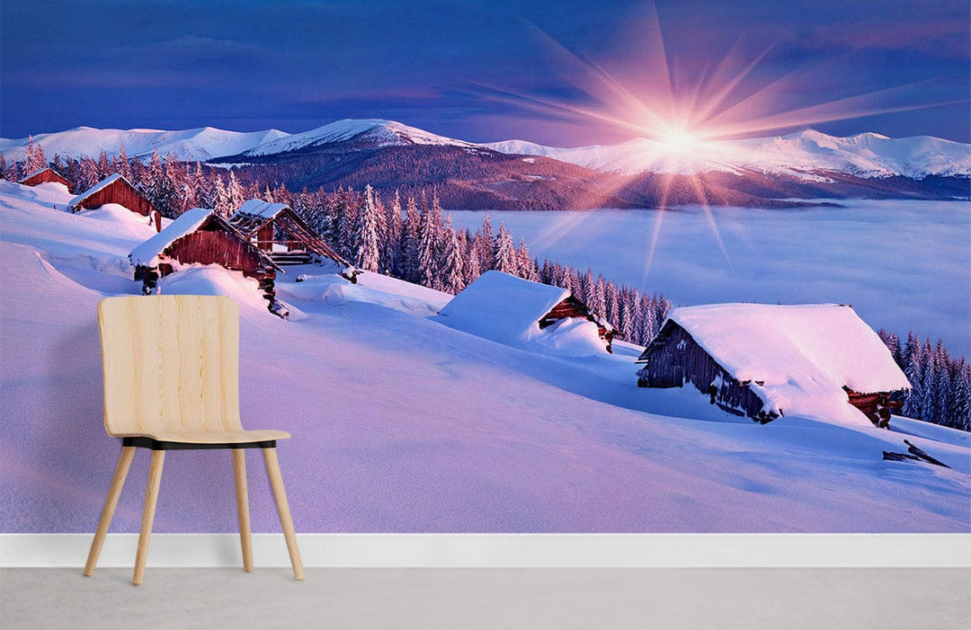 Chair with Sunset Alpine Winter Scene Mural Wallpaper; serene purple hues, minimalist setting, light flooring.