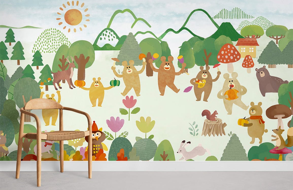 Whimsical Forest Friends mural wallpaper with colourful bears, wooden chair, and minimalist room decor.
