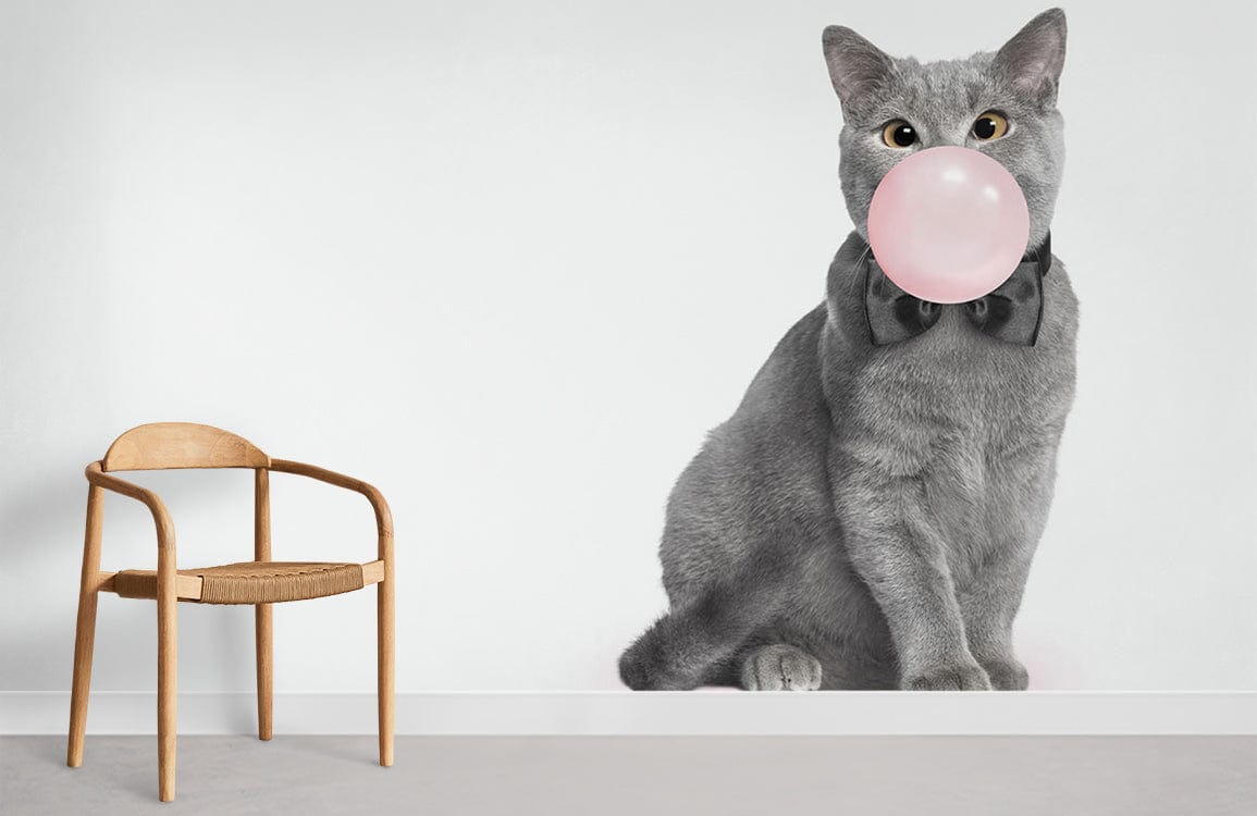 Chic Grey Cat Bubblegum Mural Wallpaper with stylish chair, grey flooring in contemporary room setting.