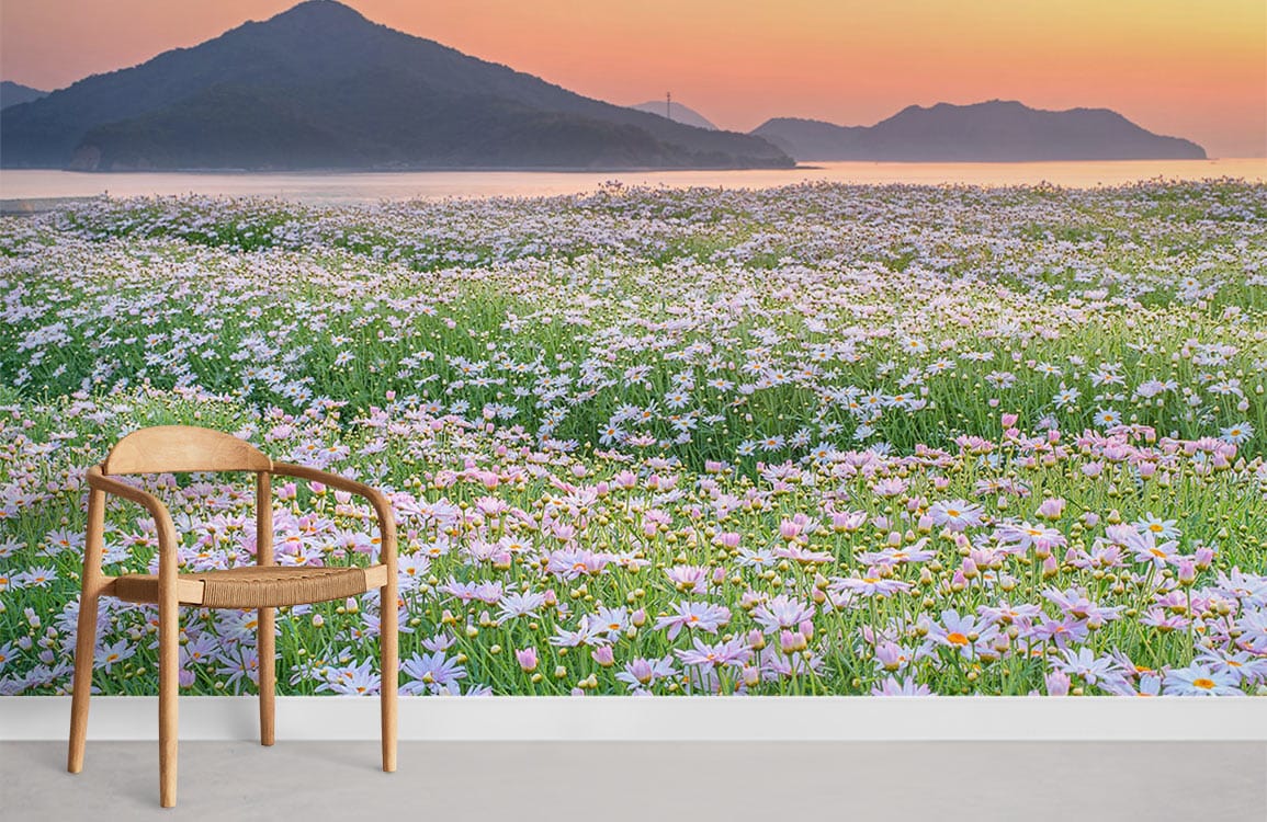 Serene Pastel Sunset Field Mural with wooden chair and white skirting, modern minimalist decor.