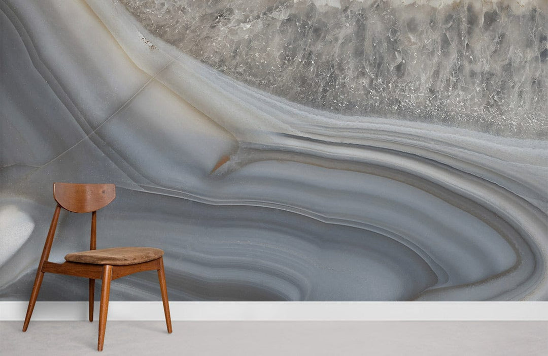 Luxurious grey marble wallpaper with natural stone texture, wooden chair, minimalist design, and grey flooring.