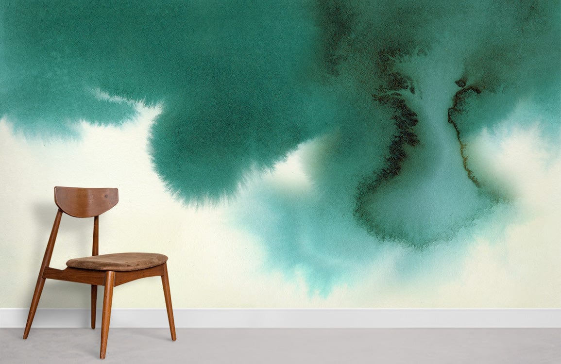 Emerald Watercolour Art Green Mural Wallpaper with modern wooden chair on light grey flooring.