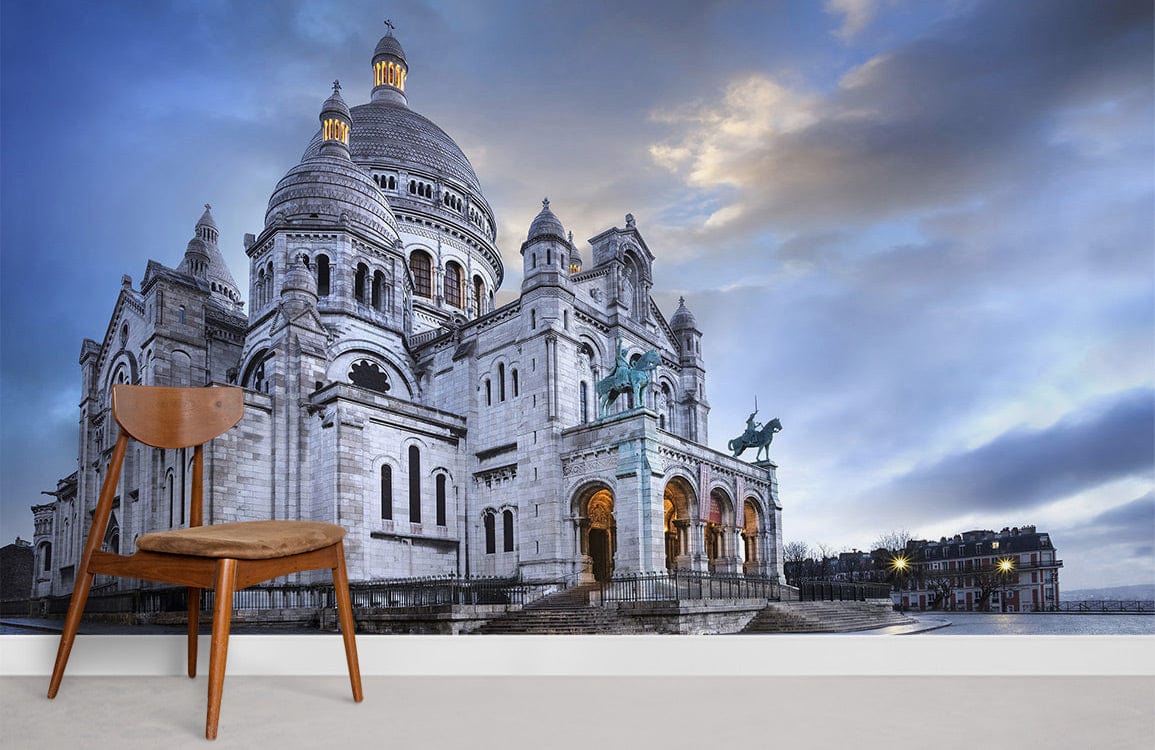 Elegant Parisian Sky mural wallpaper featuring Sacré-Cœur cathedral, wooden chair, neutral flooring, stylish decor.