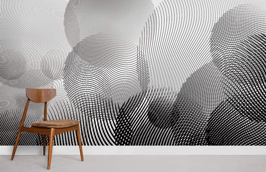 Hypnotic black and white curved line wallpaper, modern style with wooden chair on grey flooring.