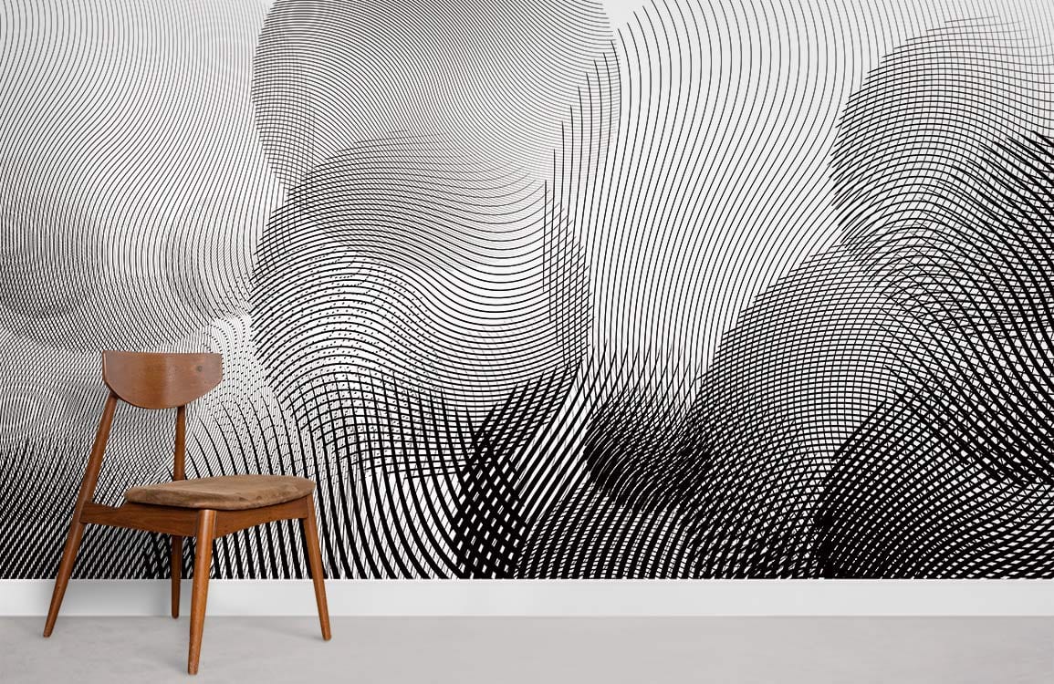 Hypnotic black and white curved line wallpaper, modern style with wooden chair on grey flooring.