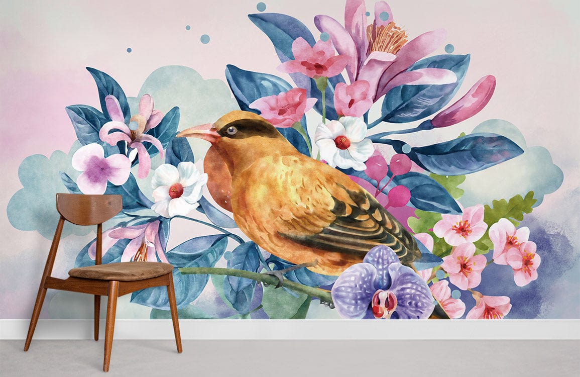 Floral Bird Paradise Mural Wallpaper featuring pastel watercolour design with brown chair on grey flooring.
