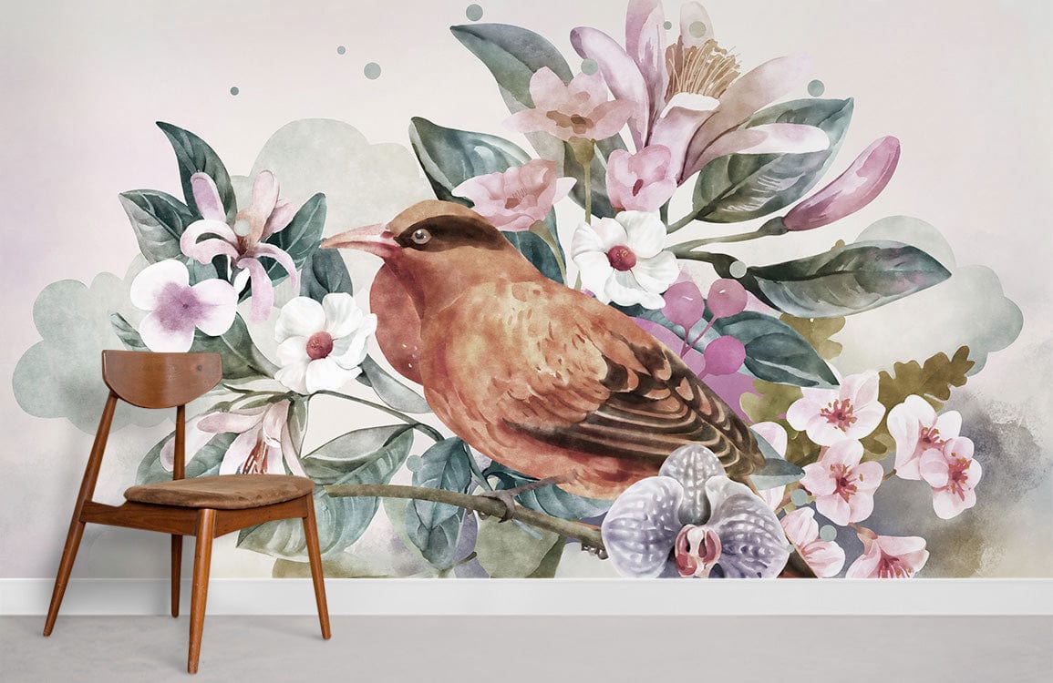 Floral Serenity watercolour bird mural wallpaper, pastel hues, wooden chair, soft grey floor, living room.