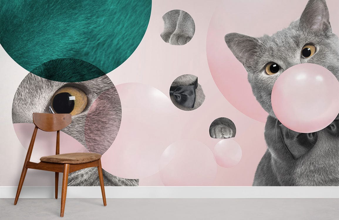 Playful grey cat wallpaper with pink, teal accents; mid-century chair; beige flooring; contemporary style.