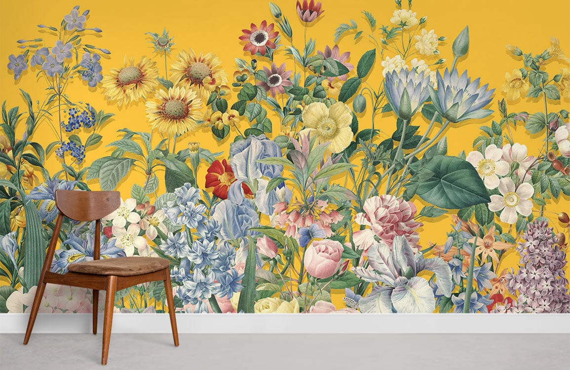 Vibrant Floral Symphony yellow botanical mural wallpaper with stylish wooden chair; ideal for modern interiors.