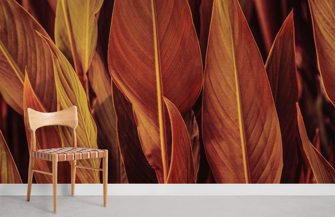 Rich Autumn Leaves Wallpaper with rustic botanical design, wooden chair, grey flooring enhances cosy interior.