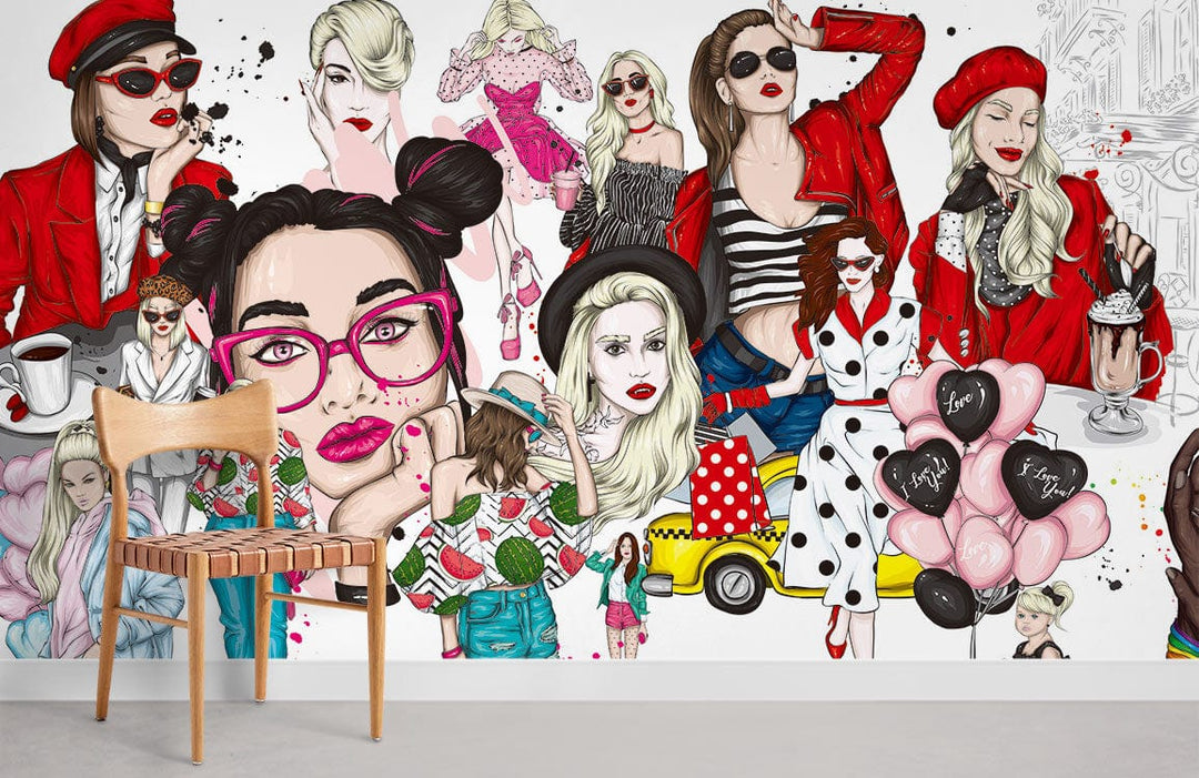 Vibrant mural wallpaper with fashion icons; chic red tones, wooden chair, grey flooring, contemporary style.