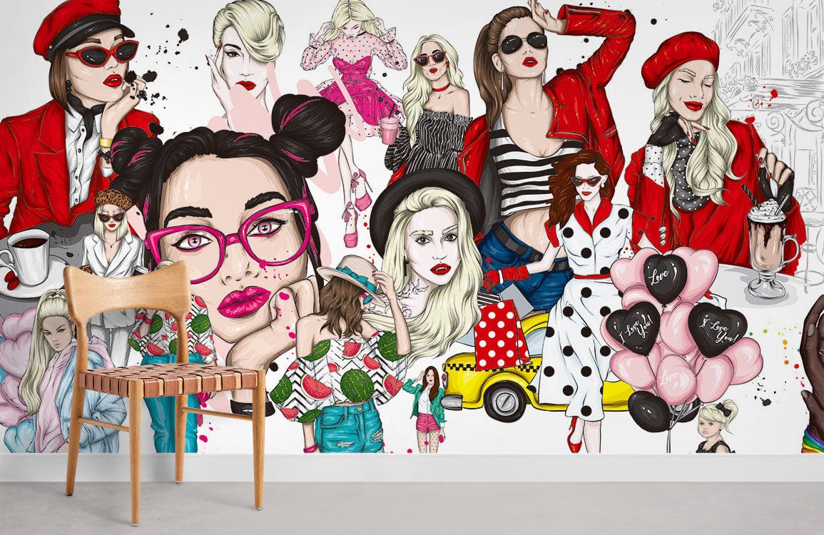 Vibrant mural wallpaper with fashion icons; chic red tones, wooden chair, grey flooring, contemporary style.