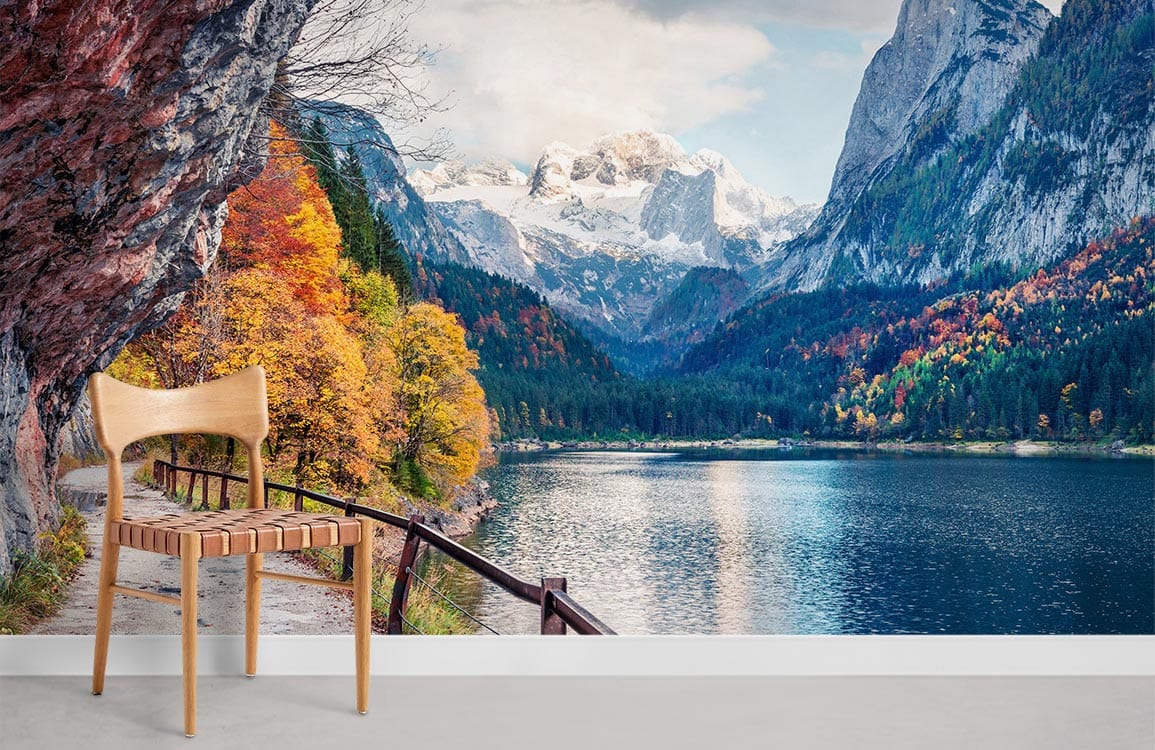 a lakeside path with beautiful view of mountain and forest wall murals for home