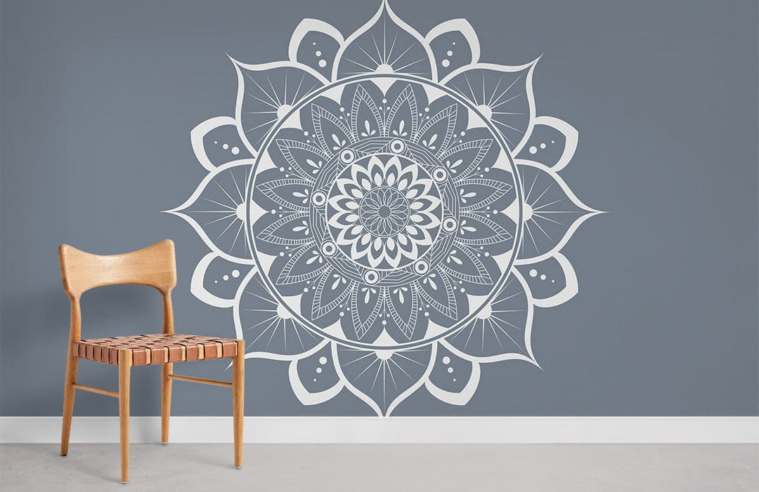 Elegant grey mandala wallpaper with modern chair; ideal for stylish interior decoration and contemporary ambience.