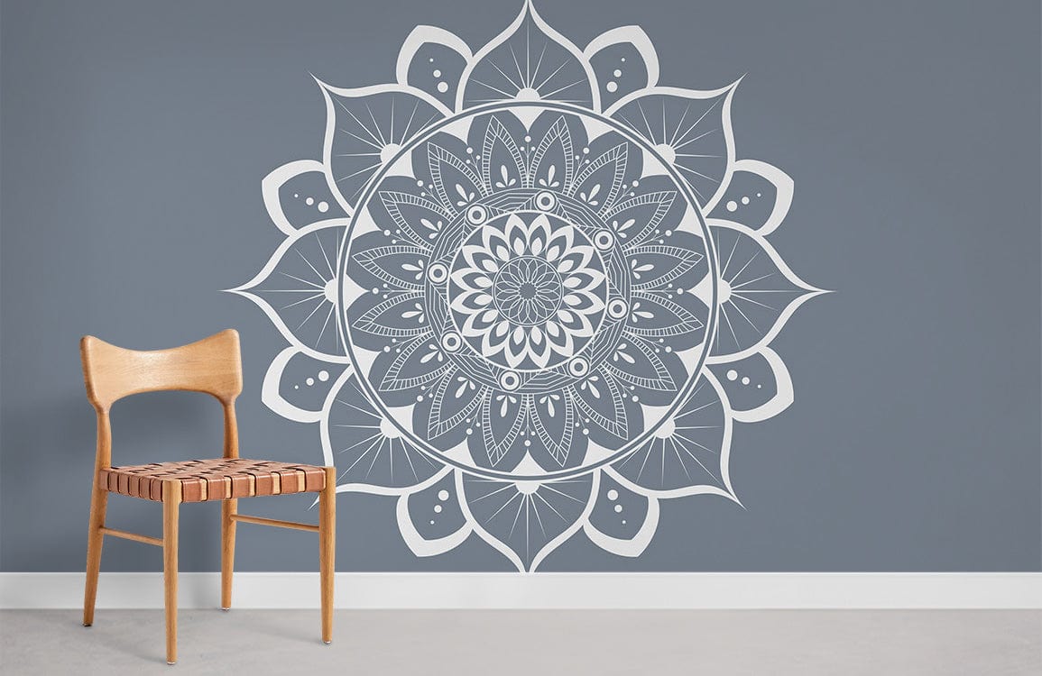 Elegant grey mandala wallpaper with modern chair; ideal for stylish interior decoration and contemporary ambience.
