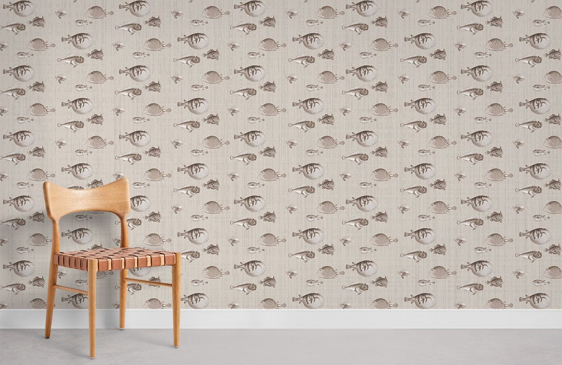 Vintage Sepia Nautical Wallpaper, beige walls, wooden chair, minimalist room, timeless maritime charm.