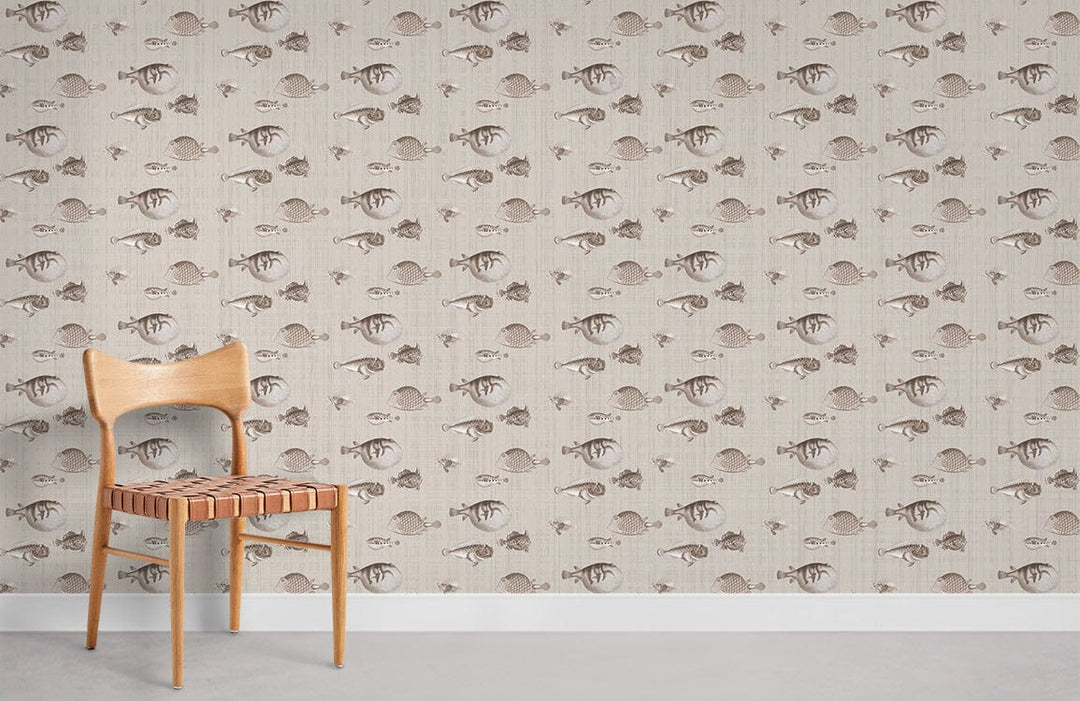 Vintage Sepia Nautical Wallpaper, beige walls, wooden chair, minimalist room, timeless maritime charm.