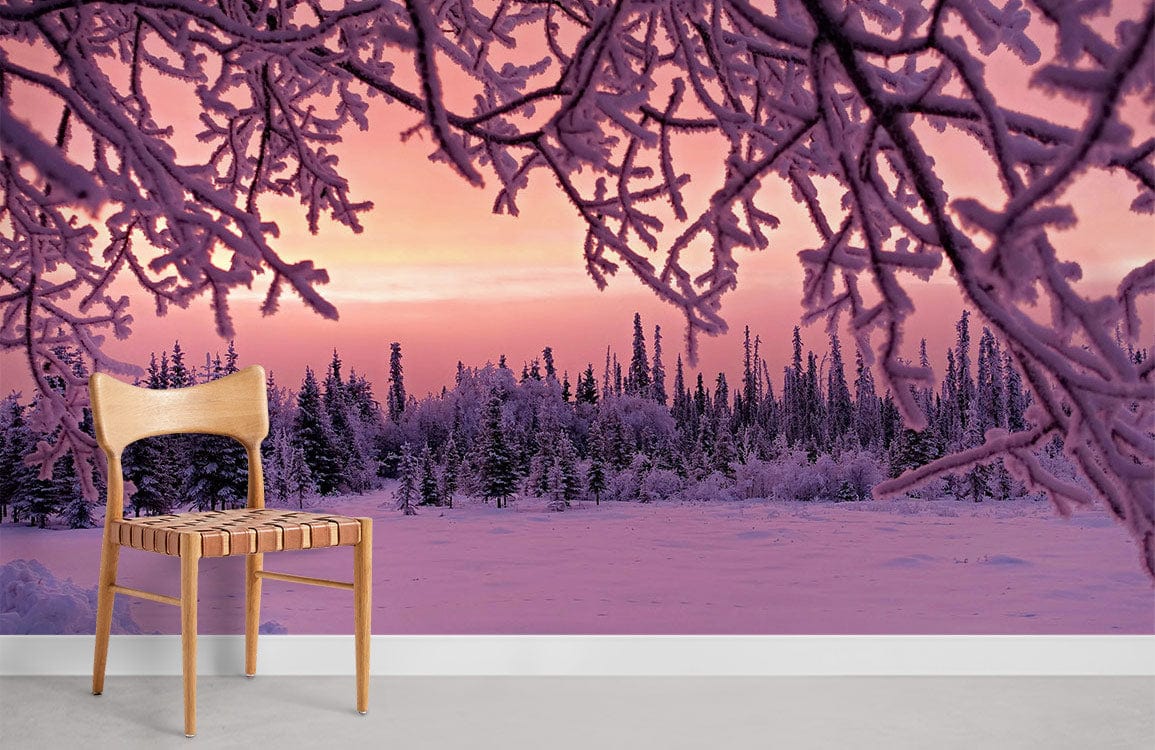 Elegant frosted winter scene wallpaper mural with purple-pink landscape, wooden chair, minimalist decor.