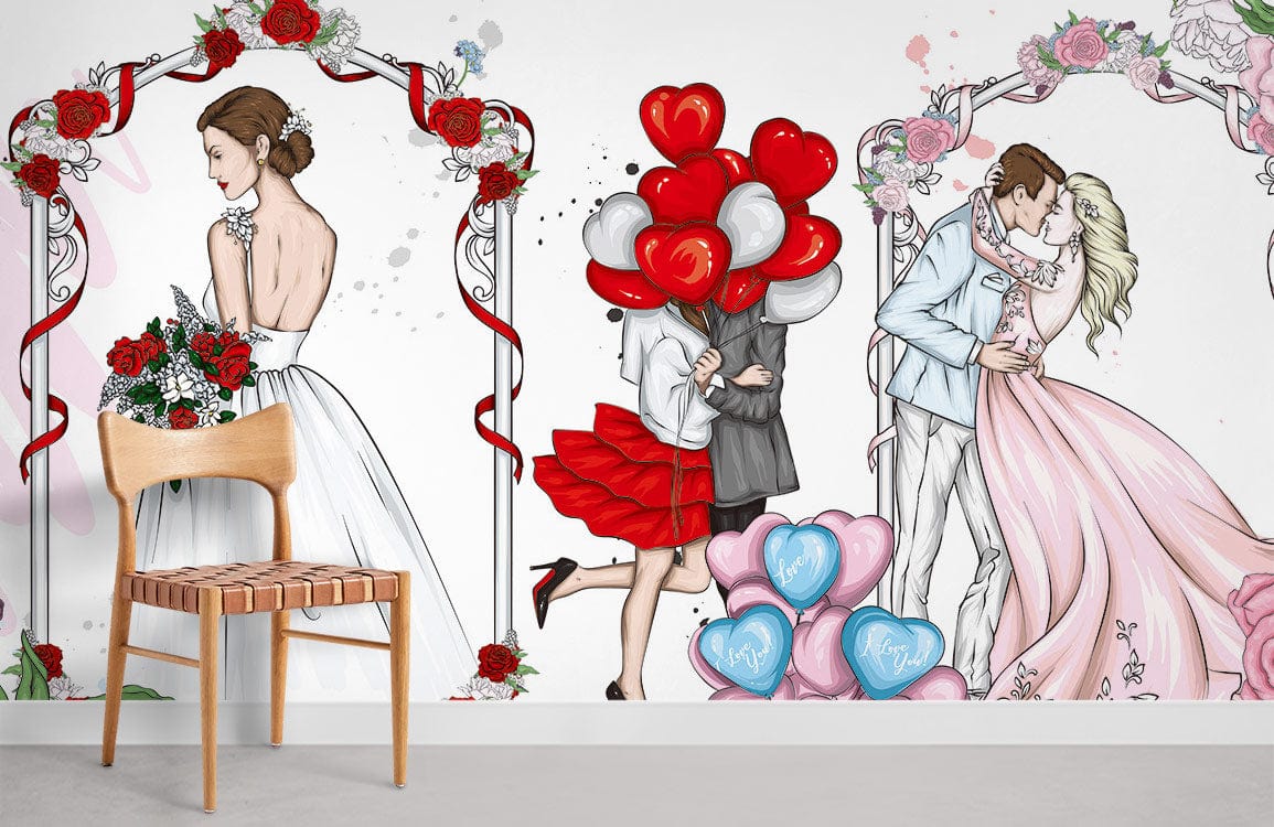Romantic wedding pastel mural wallpaper with red rose accents, featuring chair, grey flooring, balloons.