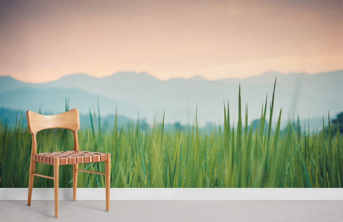 Serene Pastel Sunset Nature Wallpaper with Wooden Chair, Grey Flooring in Contemporary Setting.