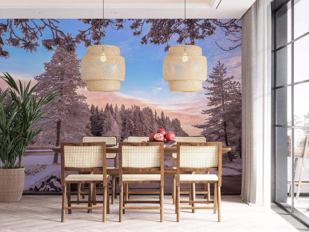 Enchanting woodland mural wallpaper in dining room with modern rattan chairs, wooden flooring, and pendant lights.