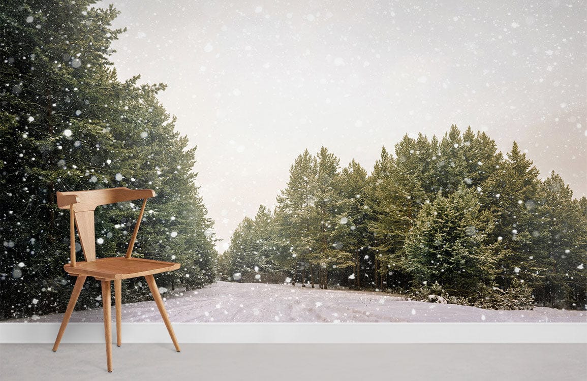 Tranquil winter forest wallpaper with wooden chair, serene green mural, minimalist style living room.