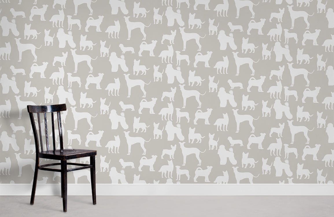 Grey dog silhouette patterned wallpaper, modern home interiors, black chair, white skirting, concrete flooring.