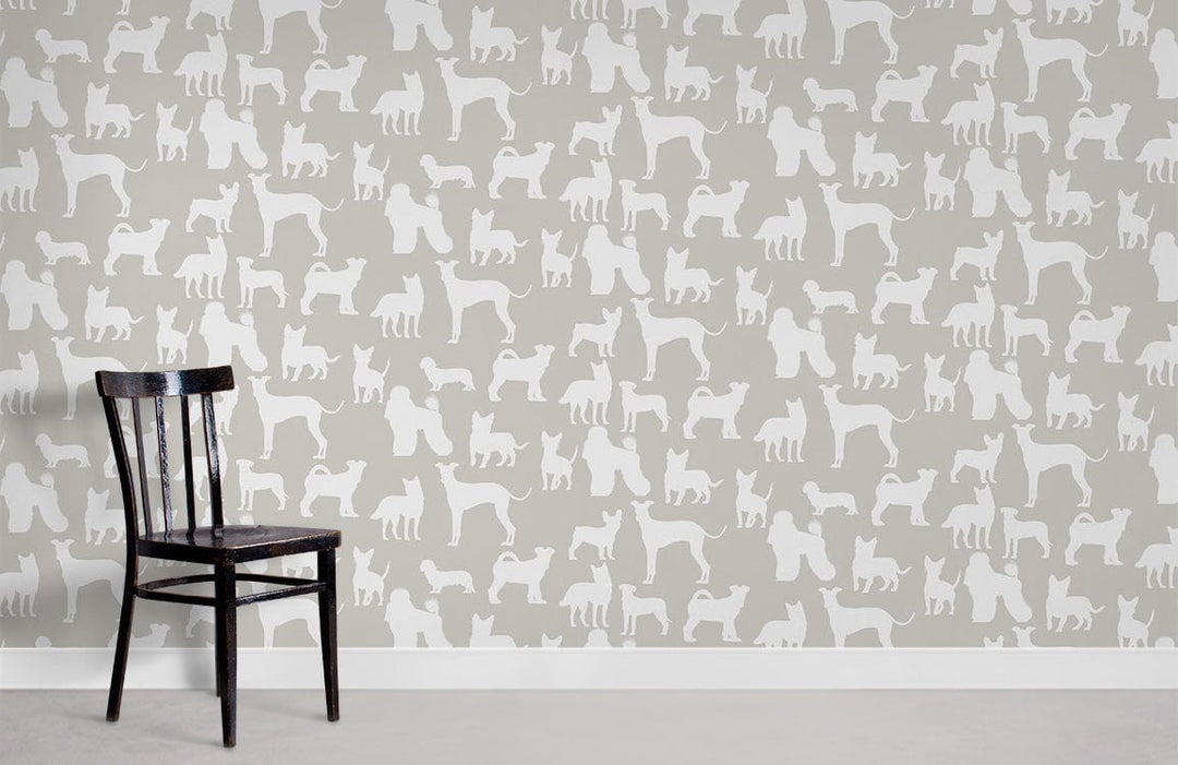 Grey dog silhouette patterned wallpaper, modern home interiors, black chair, white skirting, concrete flooring.