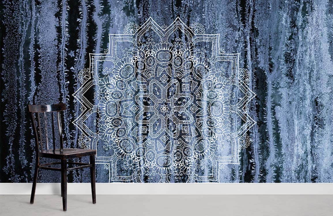 Mystical Midnight Blue Mandala Wallpaper with black wooden chair, elegant abstract watercolour design in room.
