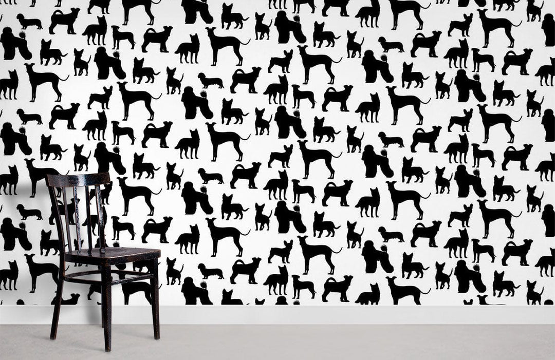 Monochrome canine silhouette wallpaper; stylish black and white design in room with wooden chair and grey flooring.