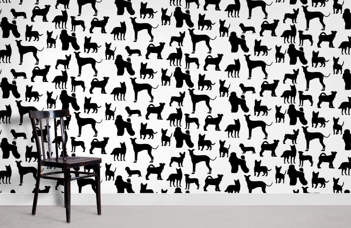 Monochrome canine silhouette wallpaper; stylish black and white design in room with wooden chair and grey flooring.