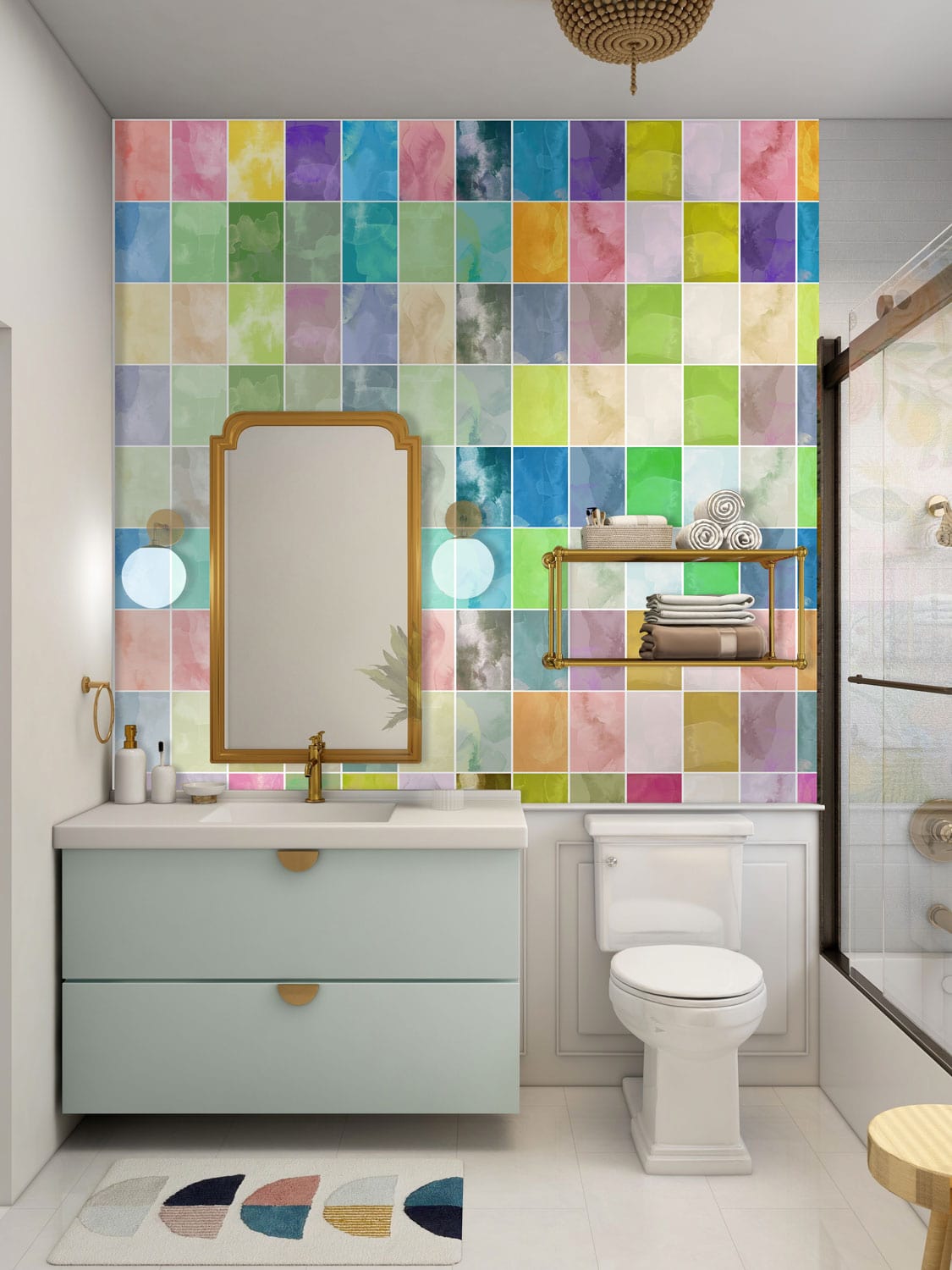 Vibrant pastel mosaic wall mural in bathroom with vanity, mirror, white flooring, and modern fixtures.