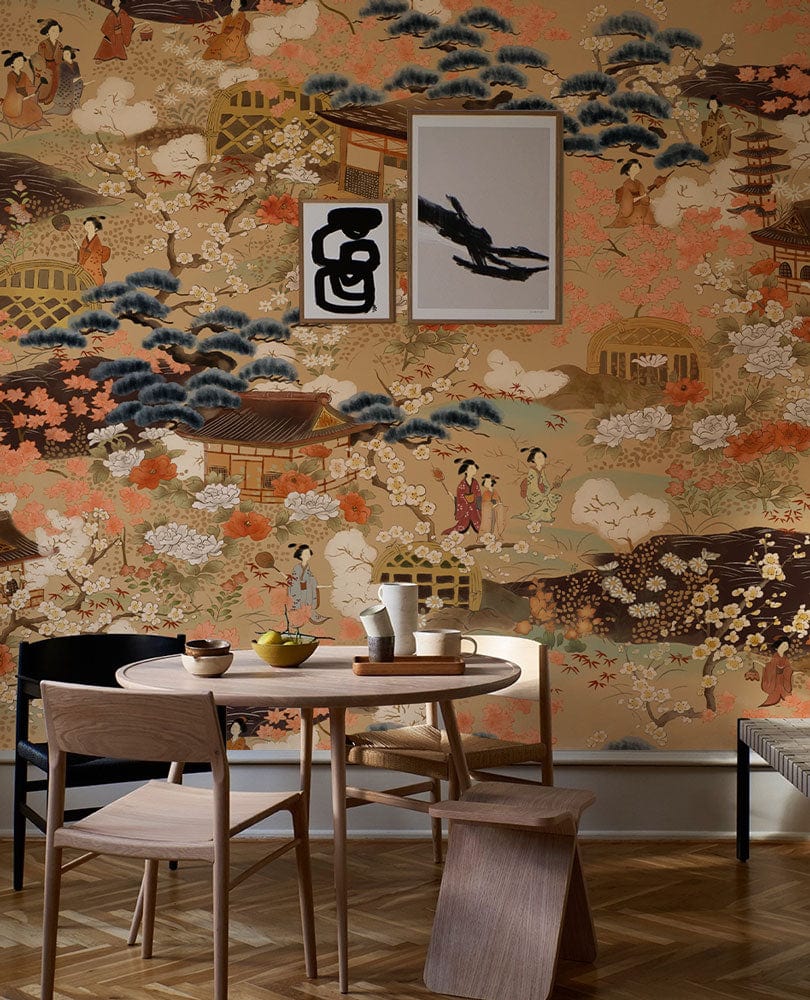 Japanese-Inspired Mural Wallpaper with Traditional Art in Earthy Tones