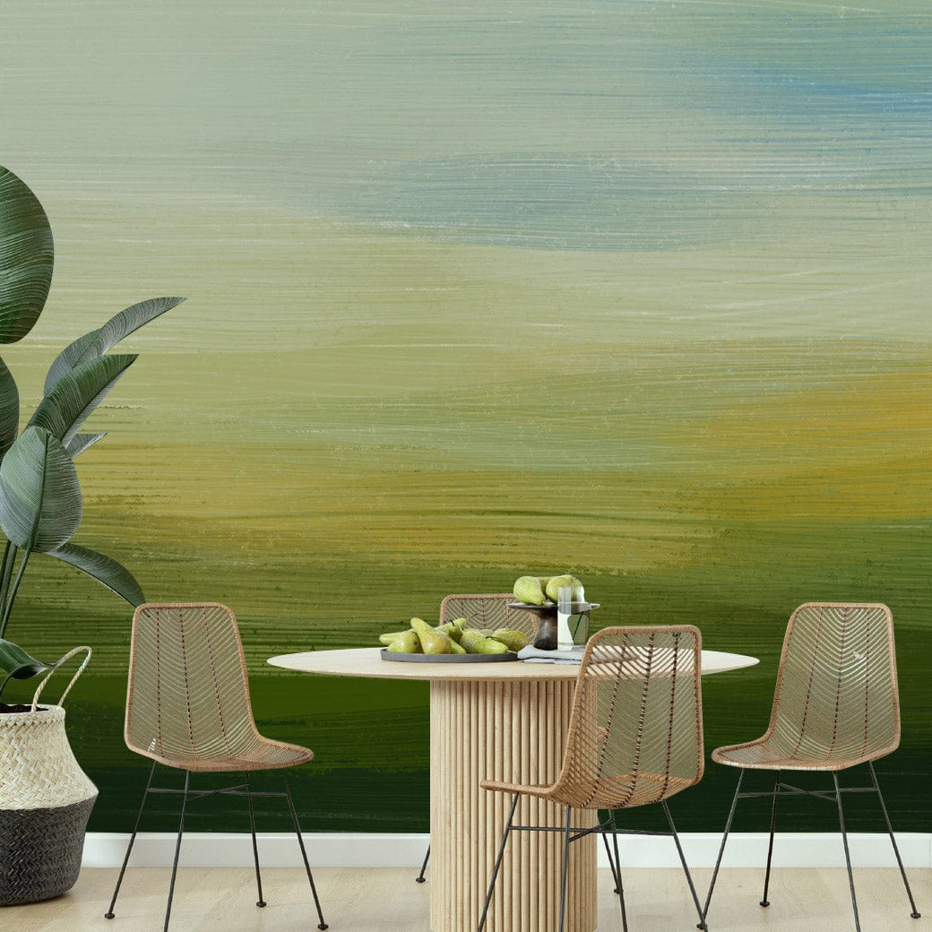 Serene Landscape Mural Wallpaper with table, chairs, plant; wooden flooring; dining room setting.