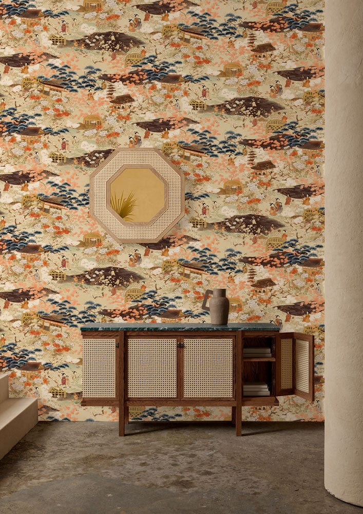 Vintage Oriental Landscape Mural Wallpaper in Warm Earth and Blue Tones