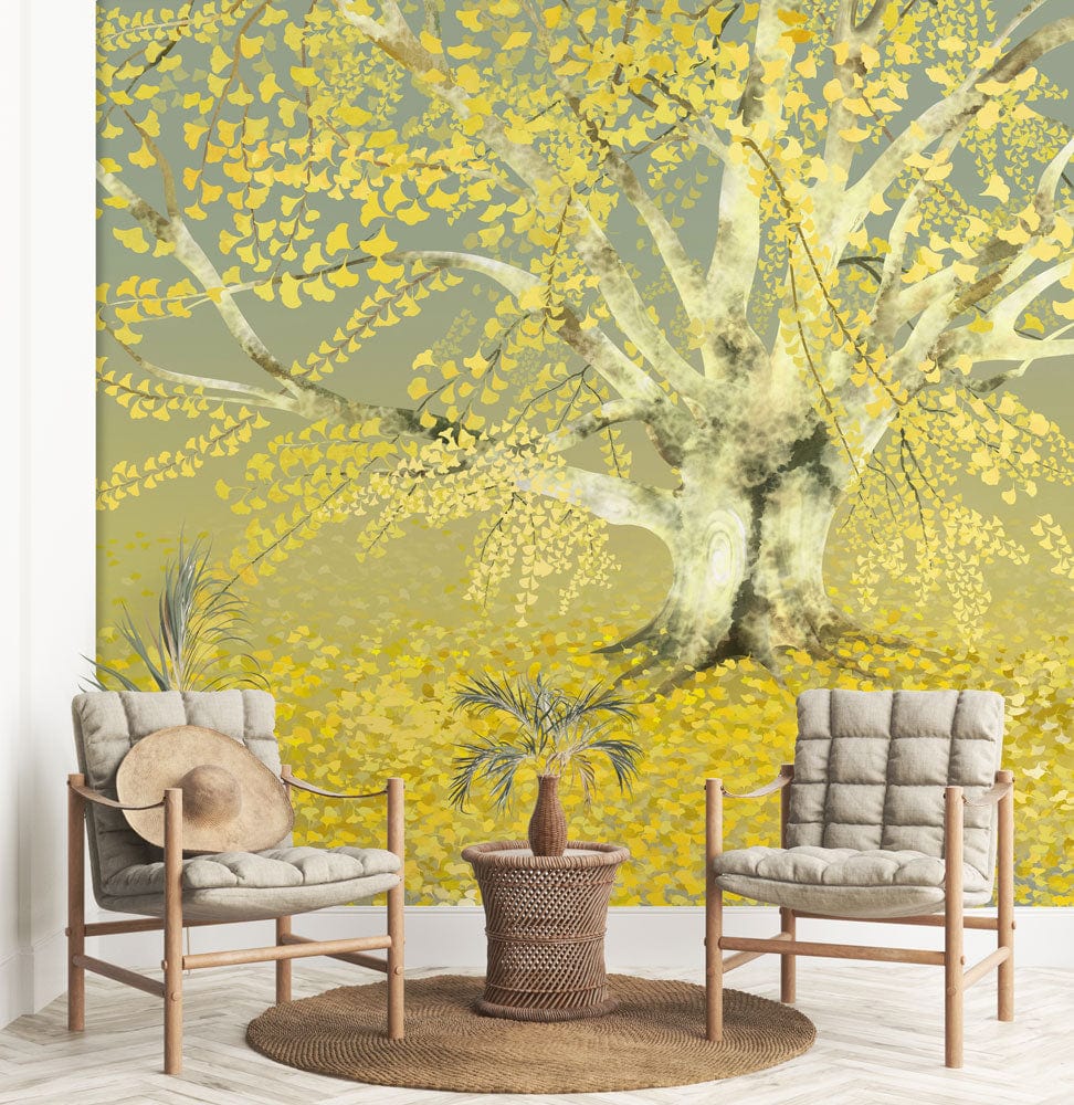 Golden Dreamscape Tree Mural Wallpaper; yellow and grey; wooden chairs; neutral woven rug; tranquil setting.