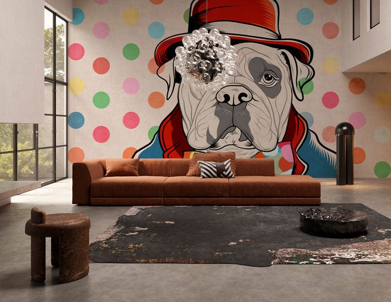 Colourful polka dot bulldog wallpaper in vintage style, brown sofa, concrete floor, modern living room.