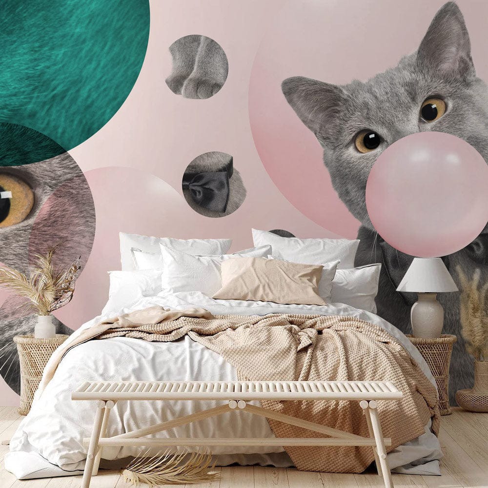 Contemporary wallpaper featuring playful grey cat bubbles, with pink and teal accents in stylish bedroom.