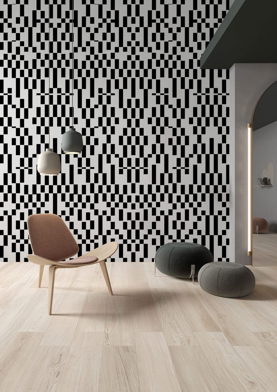 Monochrome geometric pixel wallpaper, modern chair, light wood flooring, minimalist lighting, contemporary living room design.