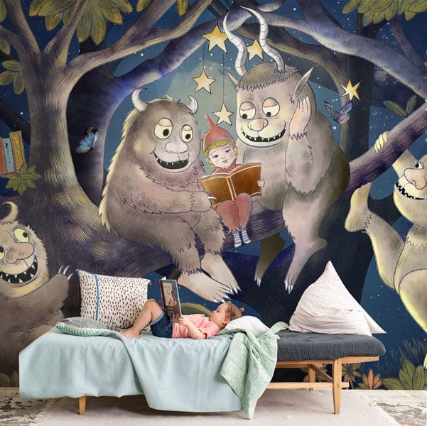 Cosy Night Forest Adventure mural wallpaper with mythical creatures, grey sofa, teal throw, child's bedroom.