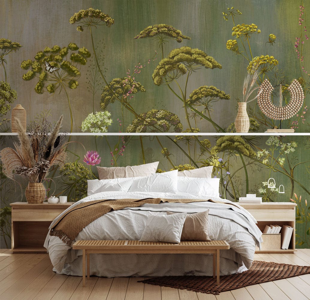 Botanical Garden Green Mural Wallpaper in bedroom with wooden furniture, elegant wildflowers, natural elegance.