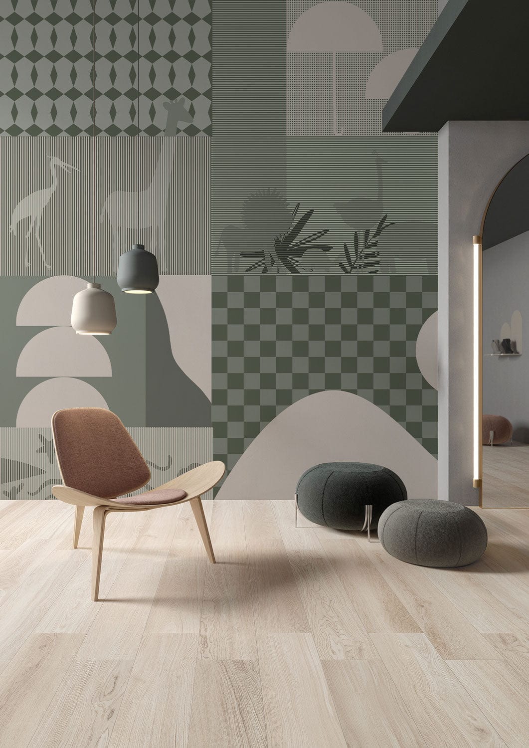 Geometric Safari Sage Green Abstract Wildlife Wallpaper, minimalist chair, light wood flooring, modern interior.