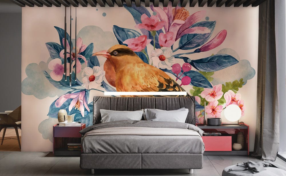 Elegant watercolour bird mural wallpaper in pastel hues on bedroom wall with grey bed and curtains.