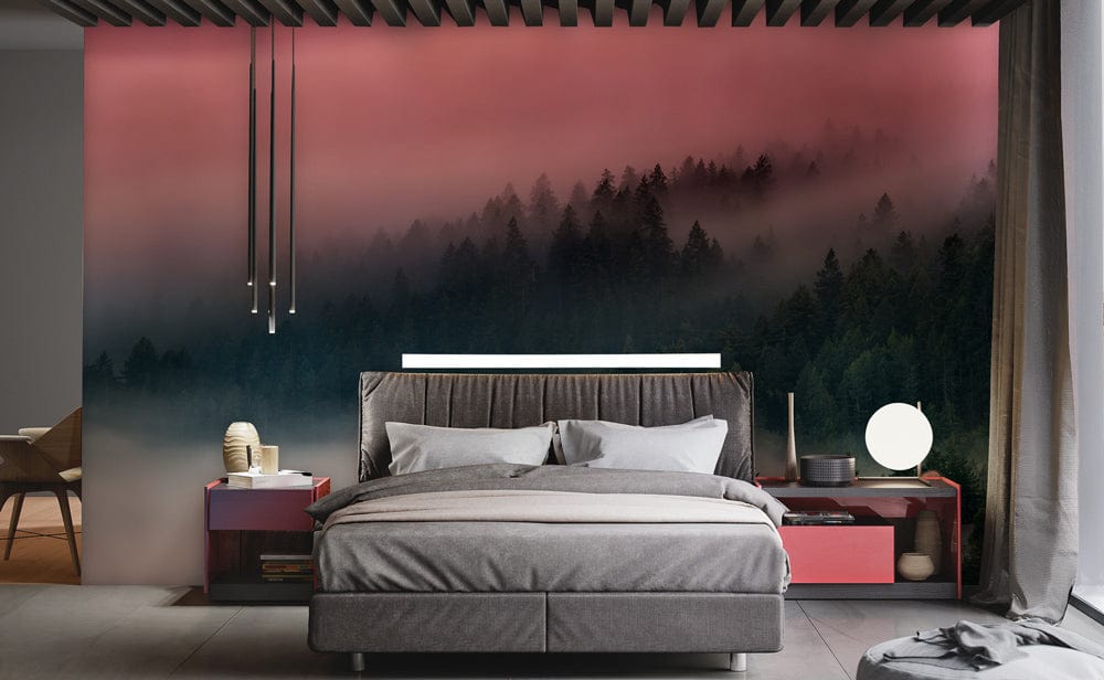 Serene Pink Mist Forest Mural Wallpaper behind grey modern bed in tranquil bedroom with soft lighting.