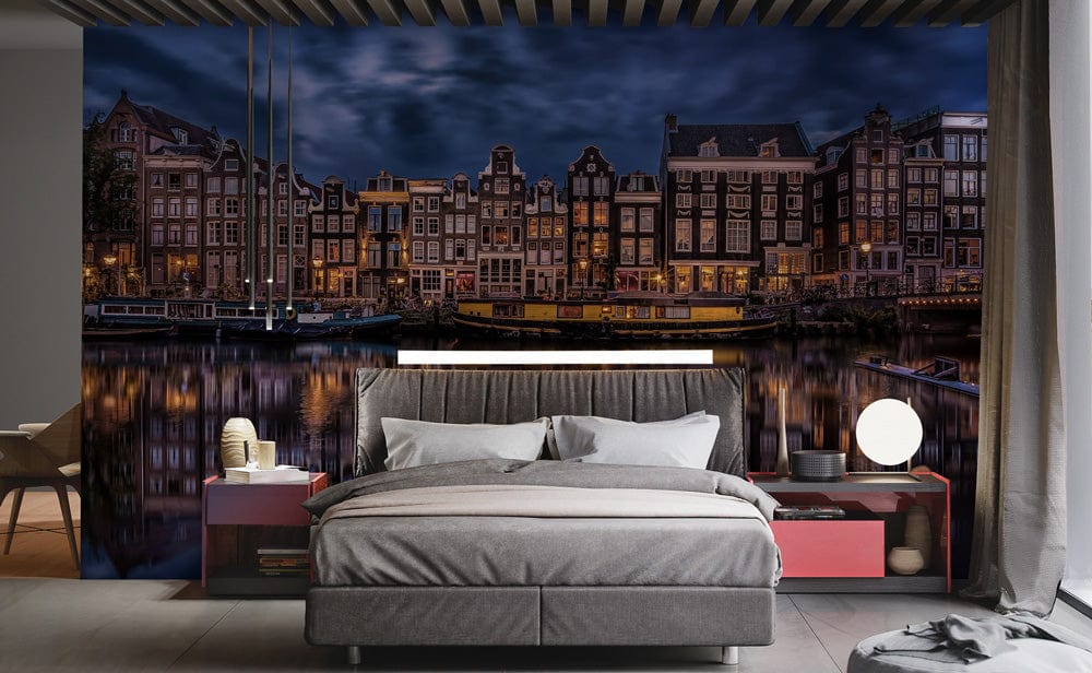 Enchanting Amsterdam Canal Mural Wallpaper in bedroom with grey bed, stylish nightstands, modern decor.