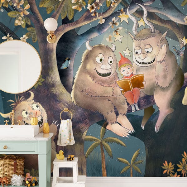 Whimsical forest creatures mural in dark tones, bathroom decor with wooden vanity, mirror, and vintage elements.