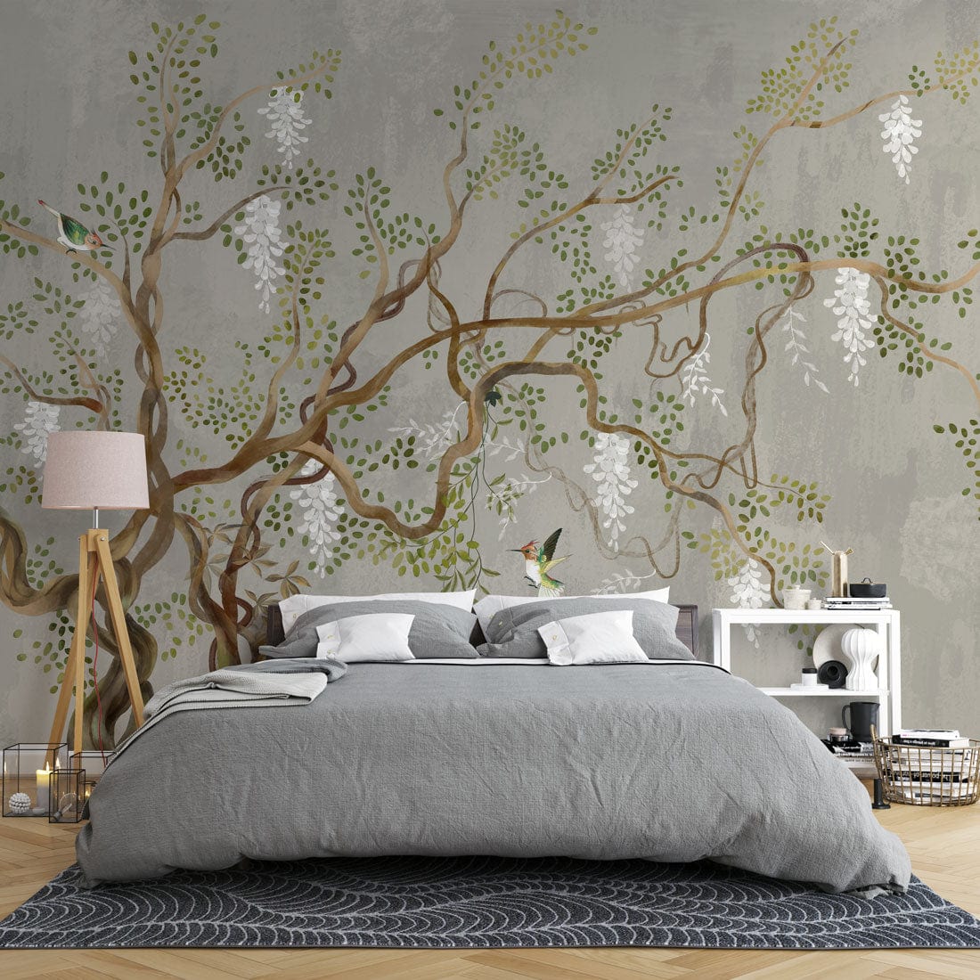 Elegant Botanical Mural Wallpaper; pastel green design, grey bedding, wooden flooring in stylish bedroom.