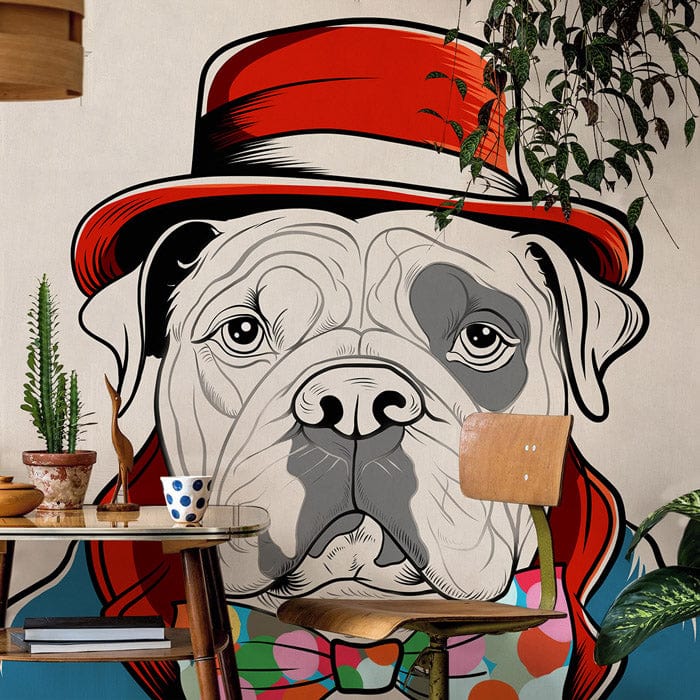 Colourful Quirky Dog Mural Wallpaper with Red Hat for Modern Decor
